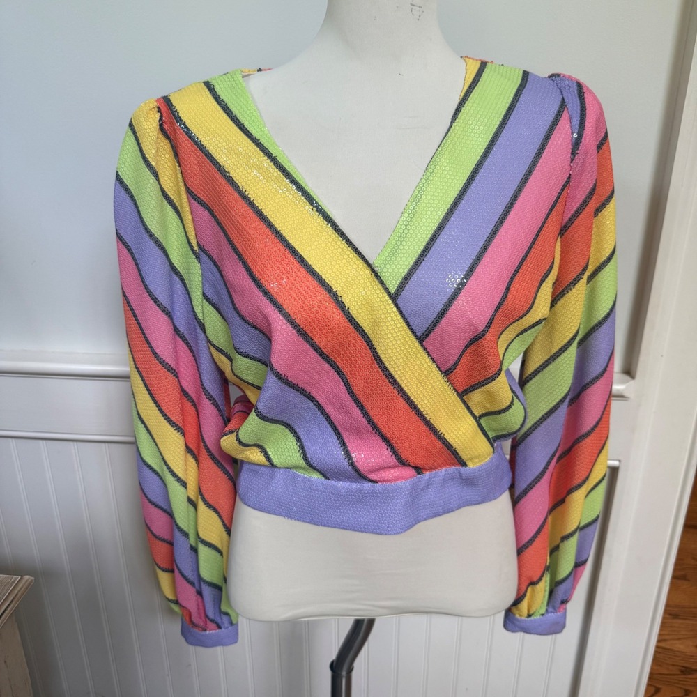 Olivia Rubin Kendall Rainbow Sequin Top Long Sleeve Striped Crop Blouse Womens 8